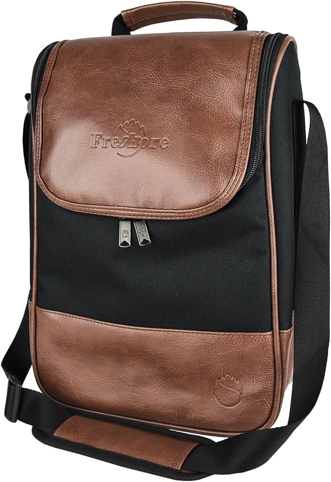 Freshore® Wine Leather Tote Cooler Insulated Bag - Luxury 2 Bottle Carrier Design For Lunch/Travel - Idea Gift For Women/Man