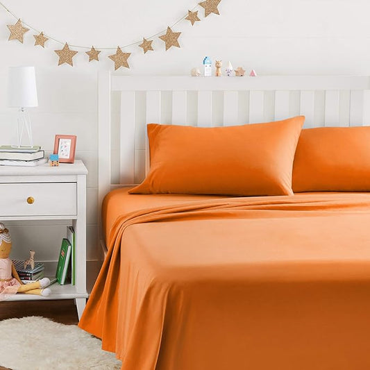 Amazon Basics Kid's Soft Easy-Wash Lightweight Microfiber 4-Piece Sheet Set, Solid, Full, Bright Orange