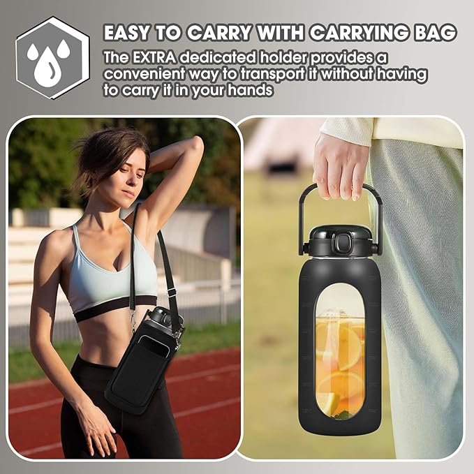 Glass Water Bottles 64 oz - Half Gallon Water Bottle with Straw Phone Holder Handle Time Marker and Silicone Sleeve, Large Motivational Water Jug with Carrier Bag for Daily Intake Gym Black