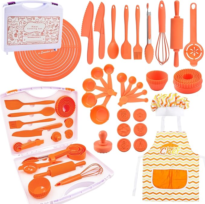 45 Pcs Kids Cooking & Baking Set with Storage Box Real Kids Cooking Utensil Set for Kids Baking Gift for Girls and Boys