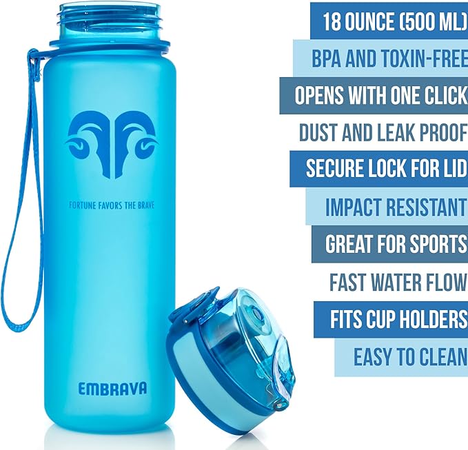 Embrava Best Sports Water Bottle - 17oz Small - Eco Friendly & BPA-Free Plastic - For Running, Gym, Yoga, Outdoors and Hiking - Fast Water Flow, Flip Top, Opens With 1-Click - Leak-proof Lid