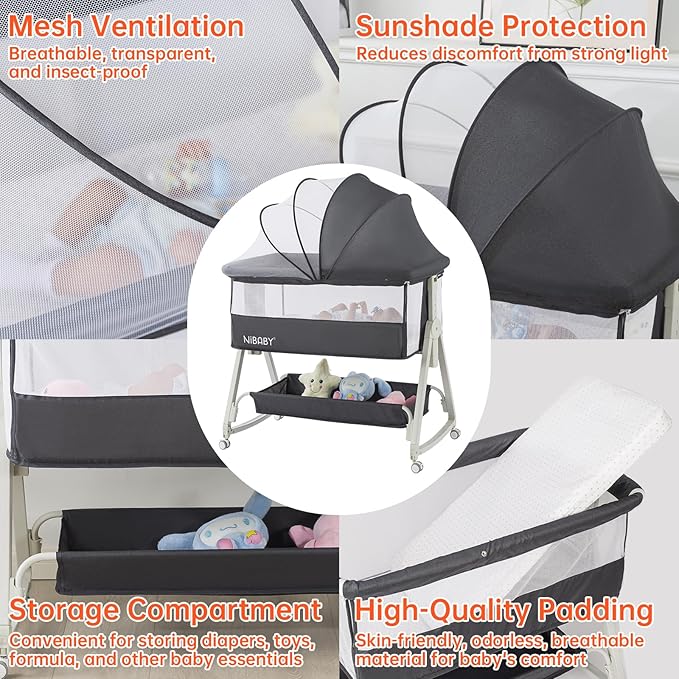 Multifunctional 3-in-1 Baby Bassinet for Bedside Sleep, Nursing & Rocking - Adjustable Height, Breathable Mesh, Portable Design with Mosquito Net, Safe & Supports Independent Sleep (Black)