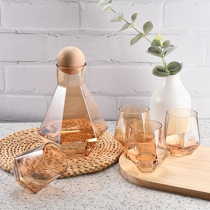 WHOLE HOUSEWARES Gold Diamond Inspired Wine Glasses Set of 5 - Red and White Wine Glasses - Large Bulbous Crystal Glass - Modern Diamond Wine Carafe with Cork Ball - Valentines Day Gifts