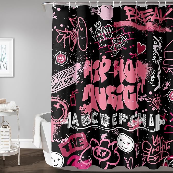 AILONEN Black Pink Graffiti Shower Curtains for Teens Girls,Hip-Hop Music Bath Shower for Bathroom,Polyester Waterproof with 12 Hooks,72" W*72" H Black Pink