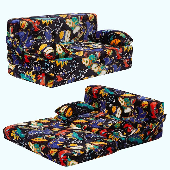 Weighted Idea 2-in-1 Kids Sofa Couch Fold Out for Girls and Boys, Folding Toddler Chairs Comfy Children Couch Baby Recliner, Convertible Sofa to Lounger(Blue Dinosaur, 30x18x16 inches)