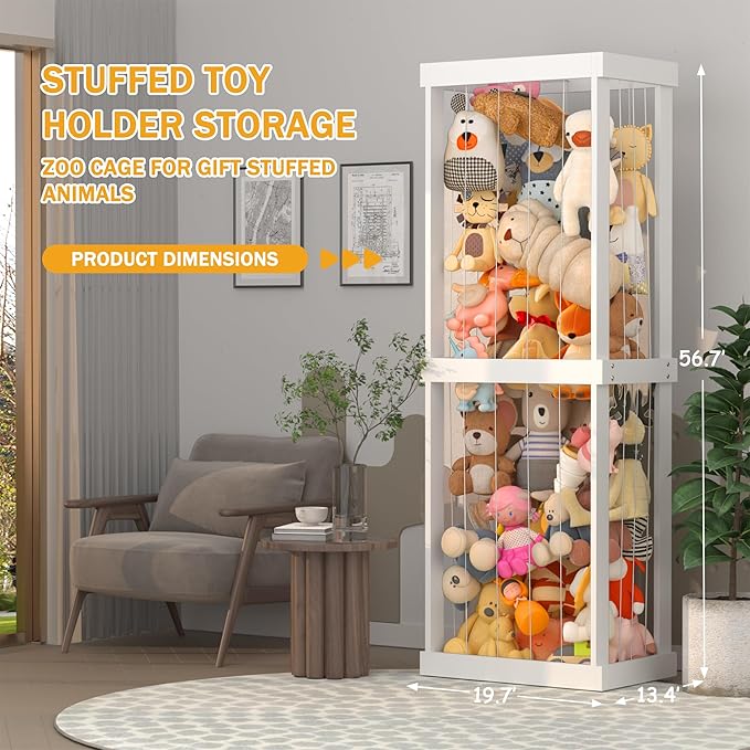 Stuffed Animal Zoo Storage, Large Capacity Wood Stuffed Animal Storage Shelf for Kids, Large Zoo Cage for Stuffed Animals with Elastic Band, Animal Toy Holder, for Nursery Playroom Bedroom Kid Room