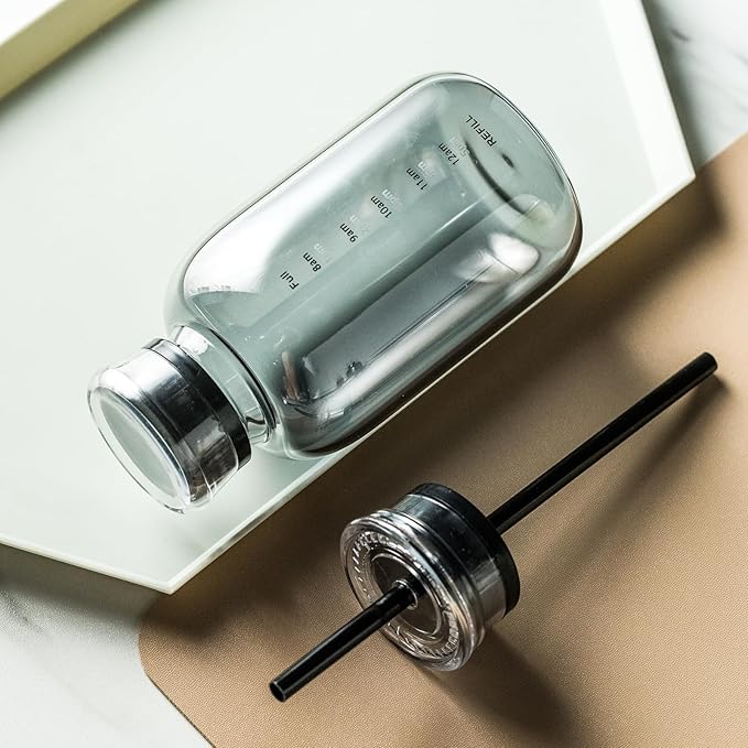 Glass water bottle With Time Marker -15oz with 2 caps and straw,Reusable Glass Drinking Bottles，Suitable For Drinks, Juices, Sodas, Coke, As Gifts Etc (Smoky 15oz)