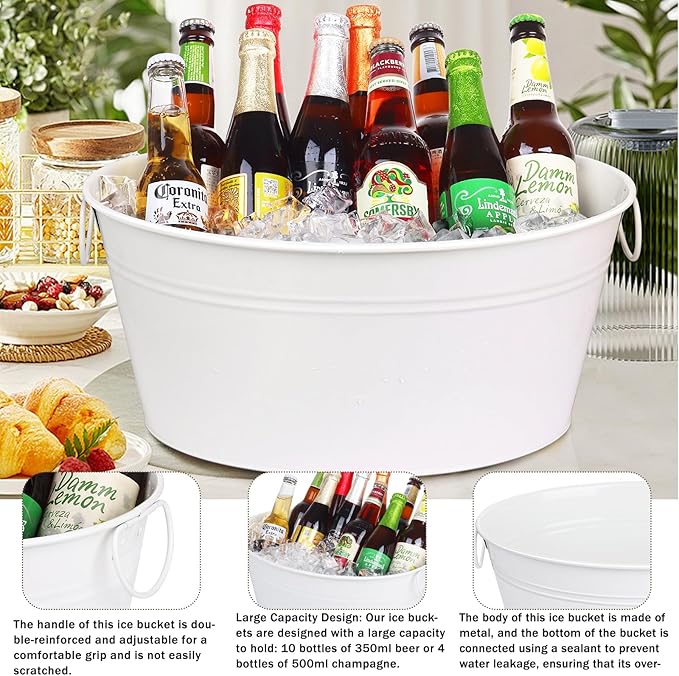 Ice Bucket, Oval Beverage Tub, Galvanized Bucket and drink Cooler for Parties, Ice Tub with Handles for Beer Sparkling Whisky Wine Cocktails (3.5gal) (White*2)