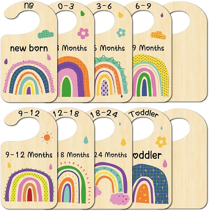 CRASPIRE 10Pcs Rainbow Wood Baby Wardrobe Dividers Colourful Nursery Decor from Newborn to 36 Month Hanger Seperaters Baby Closet Organizers Nursery Infant Wardrobe Hangers Divider for Newborn Shower
