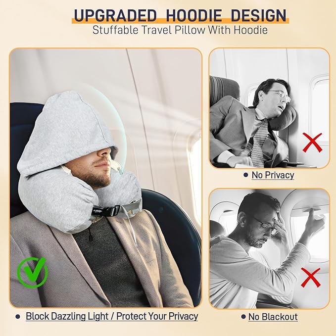 Stuffable Neck Pillow for Travel with Hood, Hoodie Travel Neck Pillow Stuffable with Clothes, Fillable Travel Pillow Storage Bag, Soft Empty Neck Pillow Case, Packable for Airplane Travel Essentials