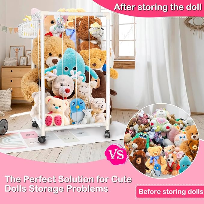 Stuffed Animal Storage Zoo Stuffed Animal Holder Space Save Vertical Stuffed Animals Storage PVC with Elastic Band and Net for Playroom Birthday Gift (Small-White)