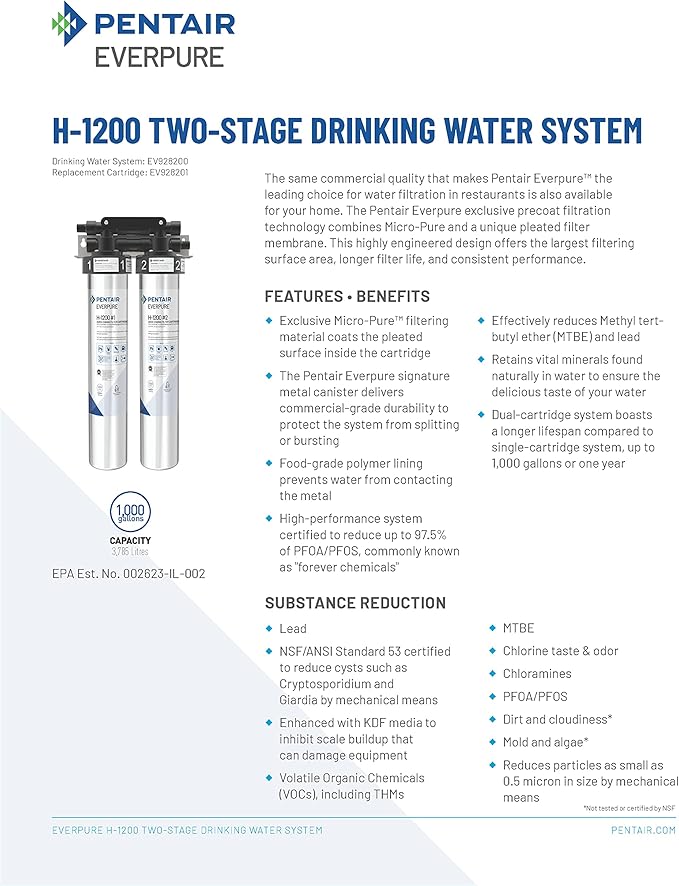 Pentair Everpure H-1200 Drinking Water System, EV928200, NSF Certified to Reduce PFOA/PFOS, Dual Cartridge System Includes Filter Head, Cartridges and all Hardware, 1,000 Gallon Capacity, 0.5 Micron