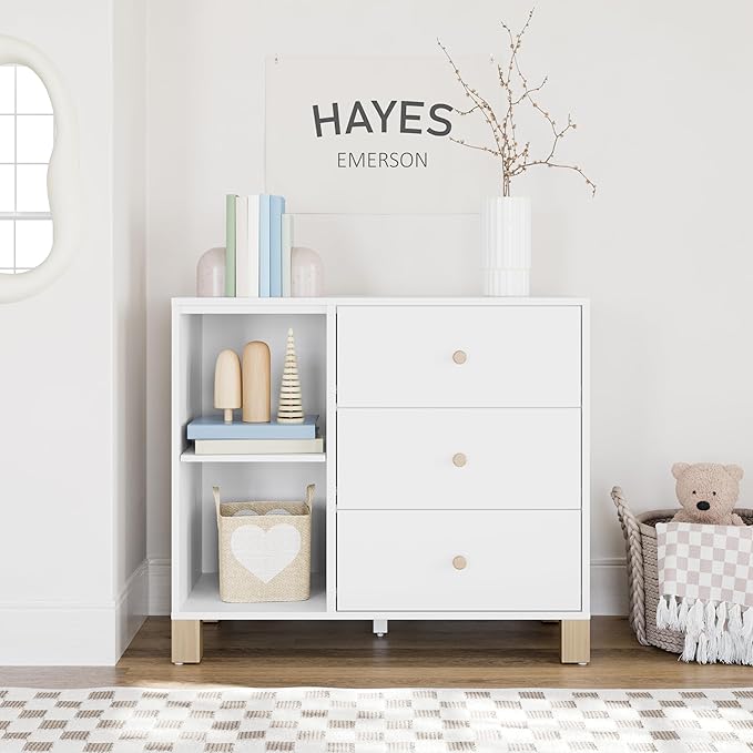 Storkcraft California 3 Drawer Combo Dresser (White with Driftwood) – GREENGUARD Gold Certified, Interlocking Drawer System, Pre-Installed Drawer Tracks for Easier Assembly, Spacious Cabinet