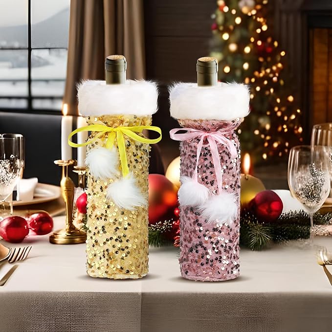 VIDELLY 3 Pack Christmas Wine Bottle Covers, Glitter Wine Bear Bottle Bag for Christmas Birthday Wedding Party Bottle Decoration