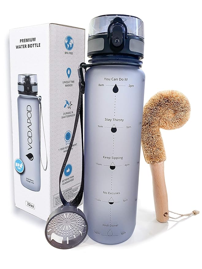 Motivational Water Bottle with Time Marker | 32oz Daily Water Intake Bottle | Gym Sports Water Bottle | Fruit Infuser Screen | 1 Liter BPA-Free Durable Leakproof with Eco-Friendly Brush
