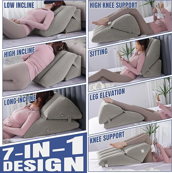HOMBYS Adjustable Inflatable Bed Wedge Pillow for Sleeping, 7 in 1 Multi Use Back Pillow for Bed Sitting Up, 10 inch Elevated Support Pillow for Legs & Back, Portable for Travel Use-30"x22"x10", Grey