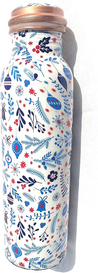 Pure Printed Copper Water Bottle - Leak Proof Ayurvedic Drinkware Copper Vessel for Sports, Gym, Outdoors, Yoga, Health Benefits (30 oz)