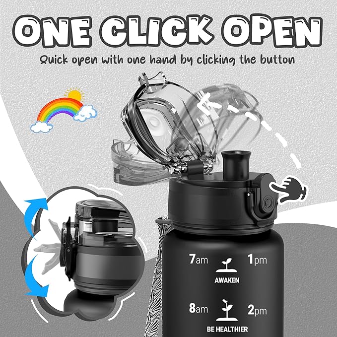 OLDLEY Kids Water Bottle for School, 17 oz (2 lids) BPA-Free Reusable Leak-proof Durable Tritan Plastic Water Bottles with Straw & Chug Lids, Anti-dust Spout Cover (Black)