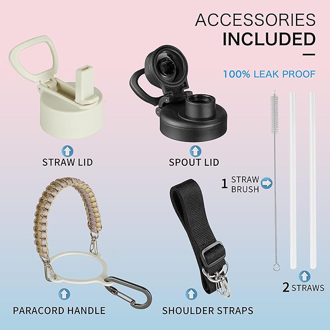 32 oz Insulated Water Bottle with Paracord Handles & Strap, 2 Lids(Straw Lid&Spout Lid), Stainless Steel Reusable Wide Mouth Metal Water Bottle With Straw, Double Walled, Thermo Mug（Cream)