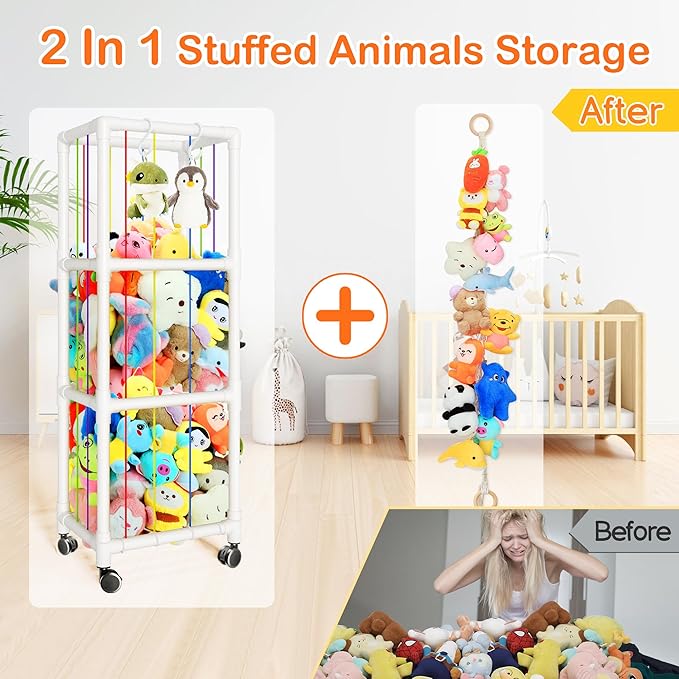 Stuffed Animal Storage with Hanging Chain, 2 in 1 Movable Stuffed Animal Zoo, Large Capacity Stuff Animal Toy Storage Organizer Holder for Nursery Playroom Bedroom Kid Room (White)