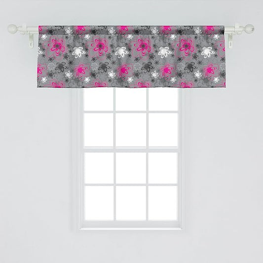 Ambesonne Vintage Floral Window Valance, Vibrant Colored Free Hand Drawing Style Blossoms Antique Retro, Curtain Valance for Kitchen Bedroom Decor with Rod Pocket, 42" x 18", Hot Pink Black Grey