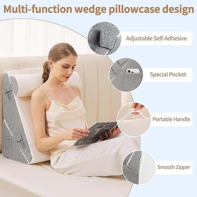 Wedge Pillow for Sleeping, 3PCS Bed Pillow for Side Sleeping, L29 x H22 Body Pillow with Memory Foam, Pocket Included