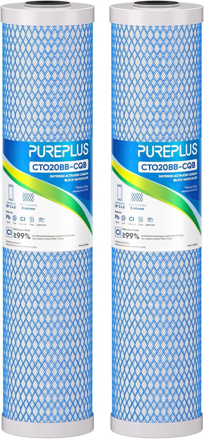 PUREPLUS 5 Micron 20" x 4.5" Whole House Lead Removal Water Filter, Enhanced Coconut Shell Activated Carbon Water Filter, Replacement Cartridge, CTO20BB-CQB, 2 PACK