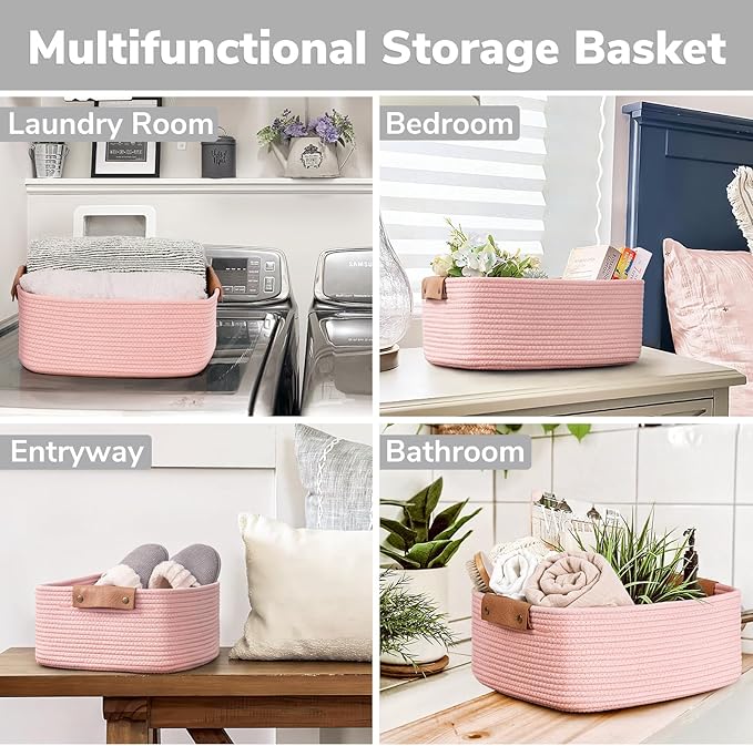 CHICVITA Pink Basket Storage Baskets for Organizing, Gift Basket for Toys, Baby Basket for Diapers, Woven Baskets for Storage, Decorative Basket for Living Room, 14.5" x 13" x 6"