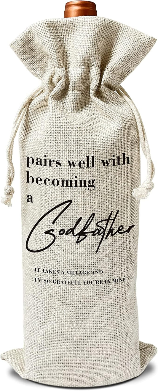Godfather Wine Gift Bags - Gift for Godfather, Uncle, Godparent, Baptism - Reusable Burlap With Drawstring Gift Bag (5.5"x 13.5")-1 Pcs/jiu064