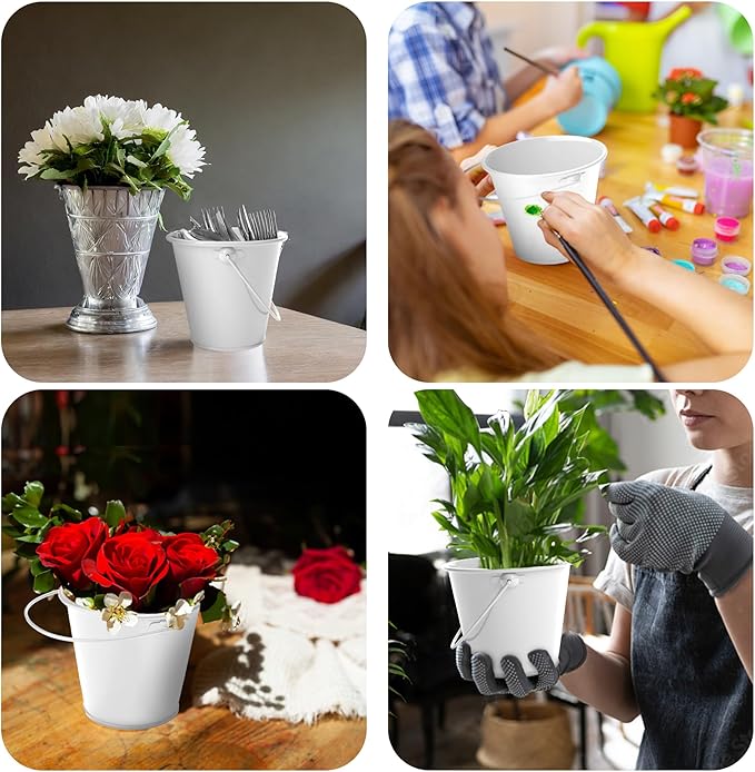 Small Metal Buckets with Handle 6 Pcs – Galvanized Bucket Leak Proof & Rust Resistant 48 fl oz Capacity - Best for Party Décor, Organizing & Decorating Classrooms (Large 6.3" Top, White)