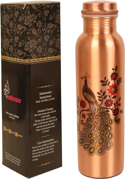 Pure Copper Water Bottle - Handcrafted - Ayurveda health benefits - Large 35 oz - Leak proof - Easy to carry for Sports, Fitness, Yoga, School - Natural Copper Finish Peacock Motif Enamel