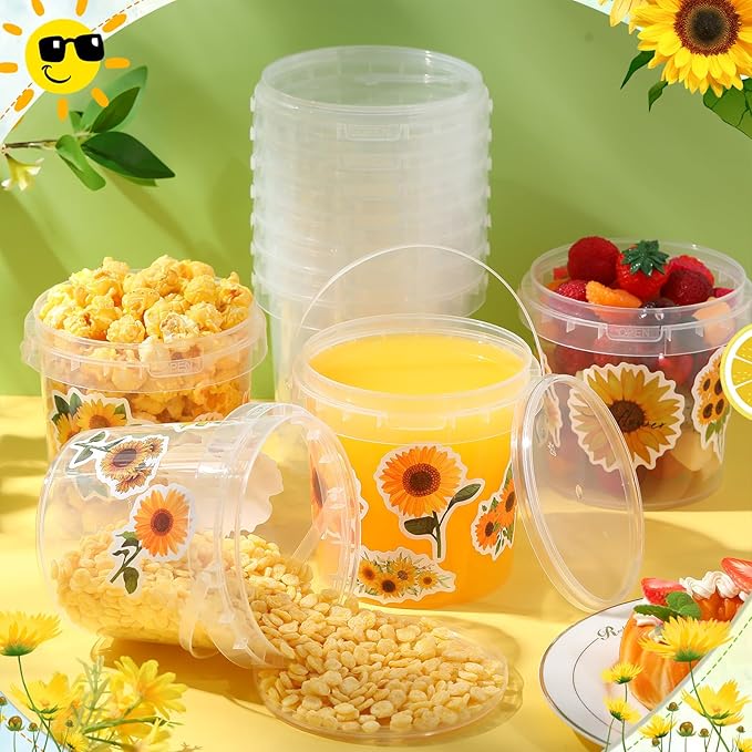 PerKoop 20 Pcs 32 oz Ice Cream Buckets with Lids and Handles Clear Cocktail Rum Buckets for Drinks with 200 Sunflower Stickers Plastic Transparent Tub Reusable Food Storage Containers for Parties