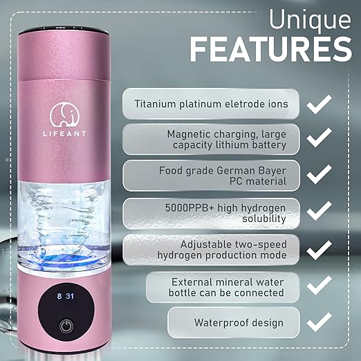 Hydrogen Water Bottle Generator–5000PPB Hydrogen Water Machine–Hydrogen Bottle Water with Adjustable Speed – Food-Grade Water Ionizer–Pink Pro