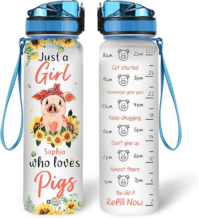 Hyturtle Personalized Just A Girl Who Loves Pigs Sunflower 32Oz Liter Motivational Water Bottle, Customized Name With Time Marker, Gift For Women Girl Friend Family Pig Lover On Birthday Mother's Day