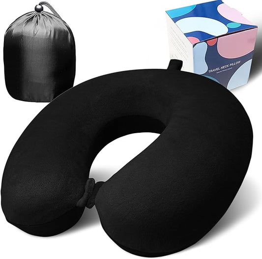 Neck Pillow for Airplane Travel, 100% Pure Memory Foam Travel Neck Pillow for Sleeping & Travel Essentials for Neck Rest, Black, Pack with Box