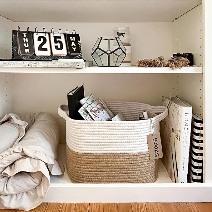 Goodpick Woven Storage Baskets for Organizing, Dog Toy Basket Medium Empty Gift Basket with Handles, Square Wicker Basket, White and Jute Storage Bin, 13.5 x 11 x 9.5 Inches