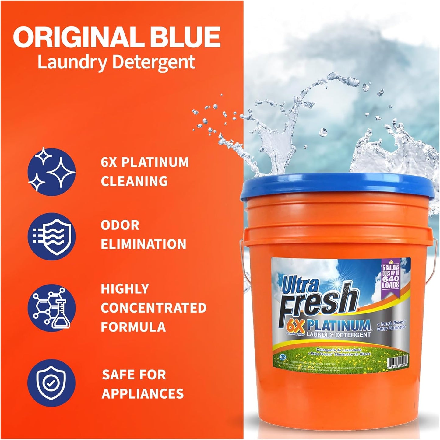 Ultra Fresh 5 Gallon Liquid Laundry Detergent Washing Soap for All Machine Types, 6X Platinum, Up to 640 Loads, Fresh Breeze