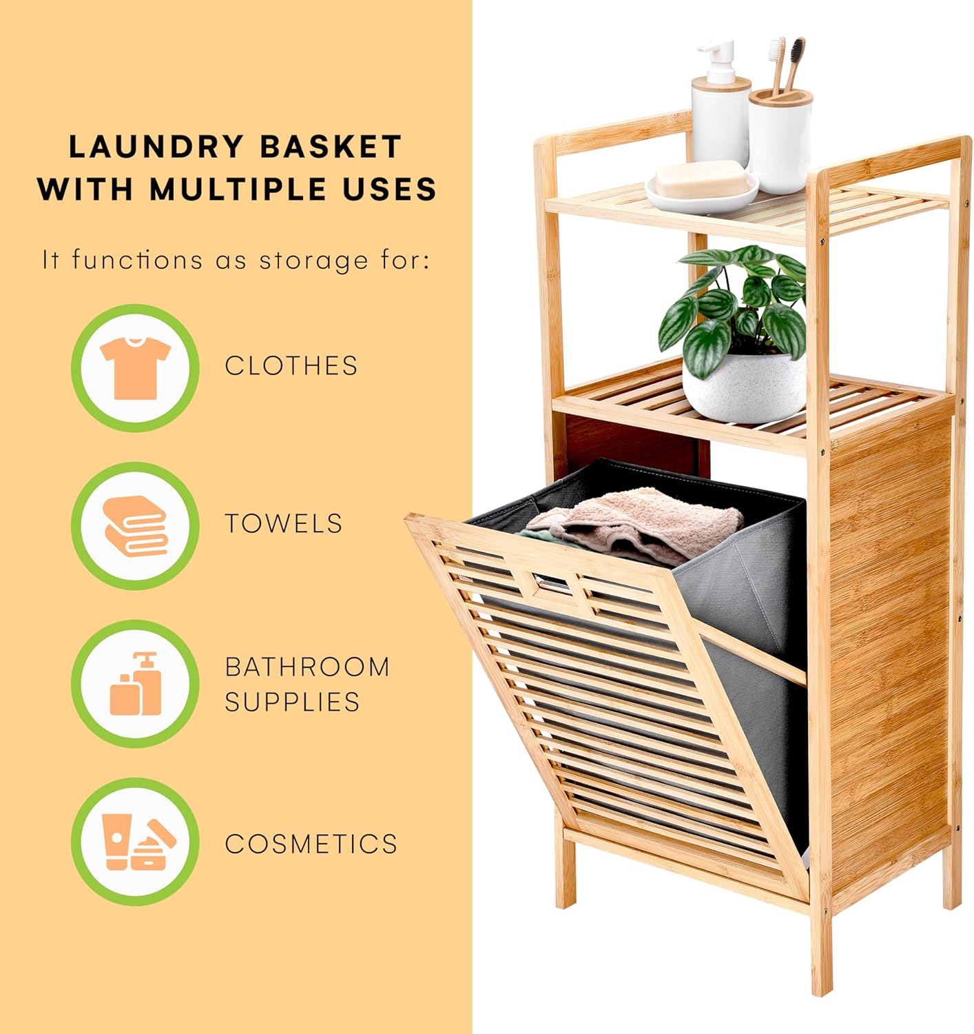 Prosumer’s Choice Bamboo Tilt-Out Laundry Hamper with 2-Tier Storage Shelves – Freestanding Clothes Hamper with Removable Liner, Space-Saving Design for Bathroom or Bedroom – 15.5”L x 11.8”W x 37.4”H