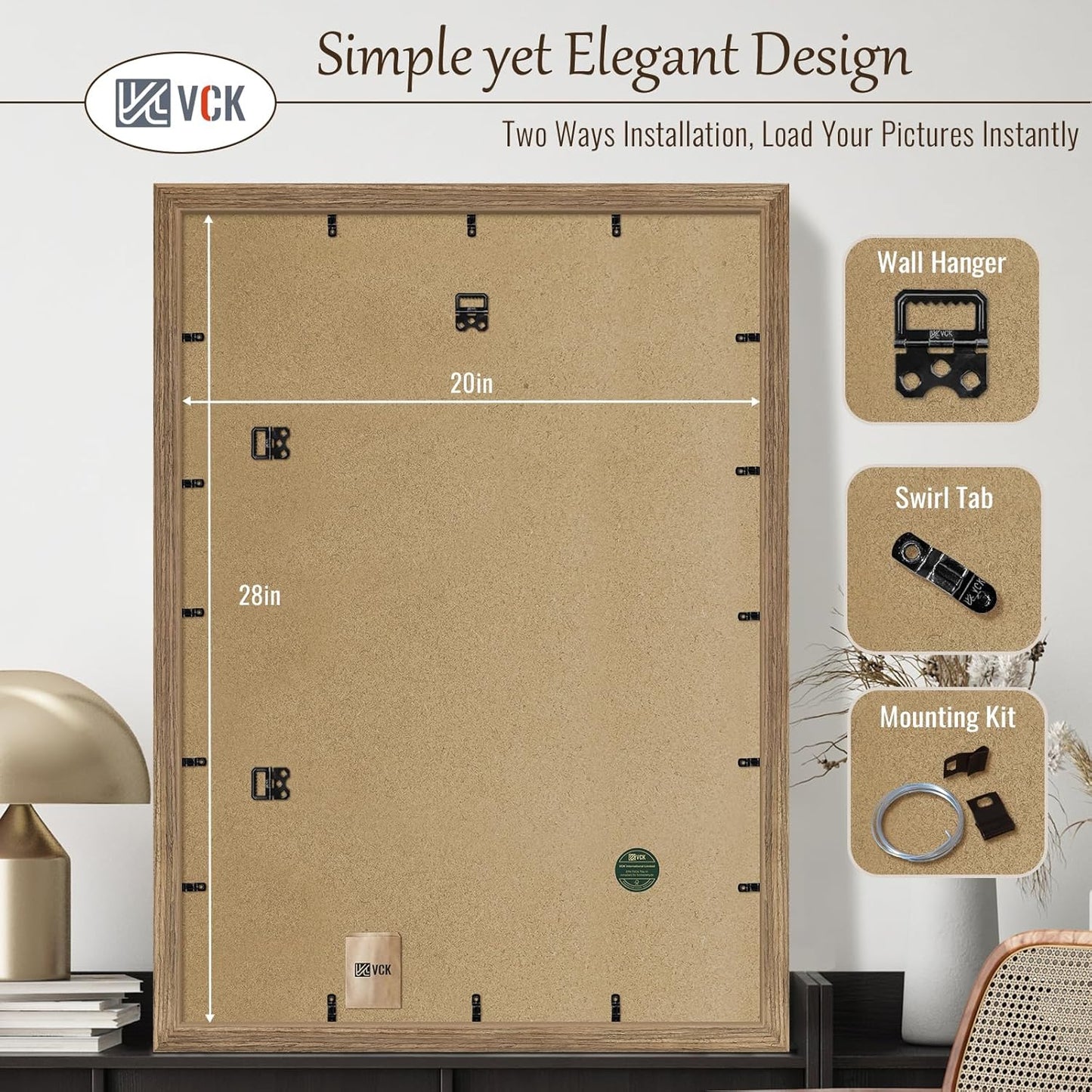 VCK 20x28 Picture Frame 3 Pack - Brown Walnut, Natural Textured Solid Wood Picture Poster Frame, Wall Gallery Frame