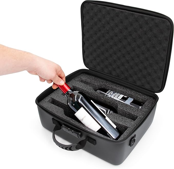 CASEMATIX Wine Travel Case for 3 Bottles with Locking Zipper, Shock-Absorbing Foam & Adjustable Carrying Strap - Protective Wine Suitcase for Storage, Padded Wine Bag Tote Alcohol Carrying Case