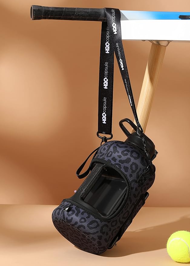 H2O Capsule 2.2L Half Gallon Water Bottle with Storage Sleeve and Removable Straw – BPA Free Large Reusable Drink Container with Handle - Big Sports Jug, 2.2 Liter (74 Ounce), Black Leopard