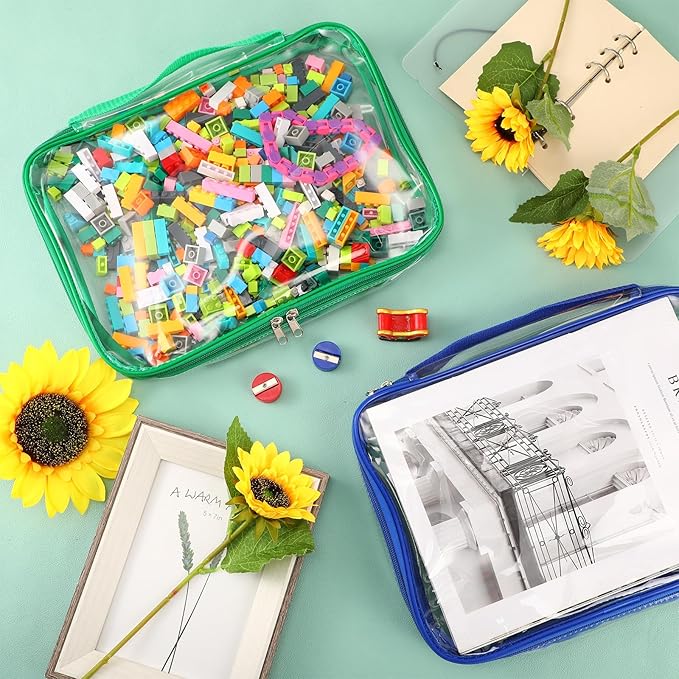 Sanwuta 3 Packs Toy Storage Bags with Zipper, Clear PVC Organizing Bags, Waterproof Toy Bags for Board Games, Building Blocks, Toys and Kids Books (Blue, Yellow, Green,12.6 x 9 x 2.36 Inch)