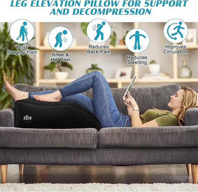 Wedge Pillow for Sleeping - Inflatable Leg Elevation Pillow for Swelling,Circulation,Leg & Back Pain Relief,Leg Support Pillow,Leg Wedge Pillows for After Aurgery,Hip,Foot,Ankle Recovery (Black)