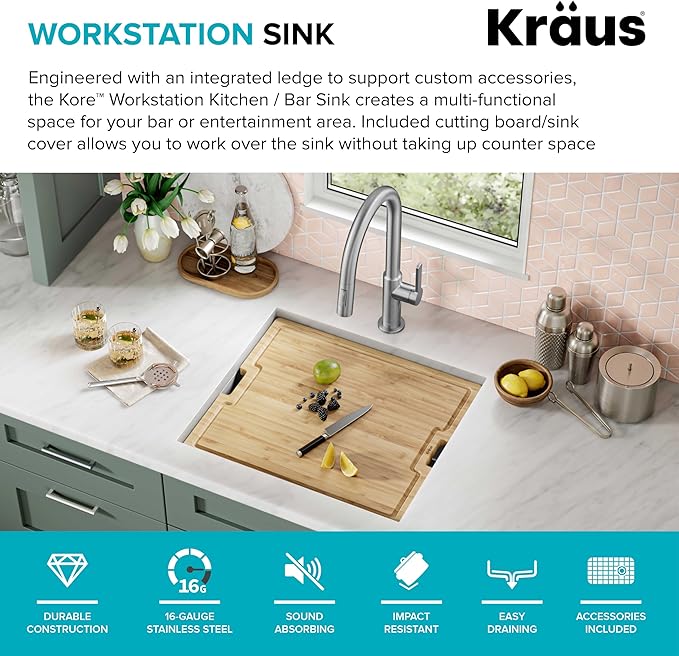 KRAUS Kore 21 Inch Undermount Workstation 16 Gauge Stainless Steel Double Bowl Stainless Steel Kitchen Sink with Accessories, KWU111-21