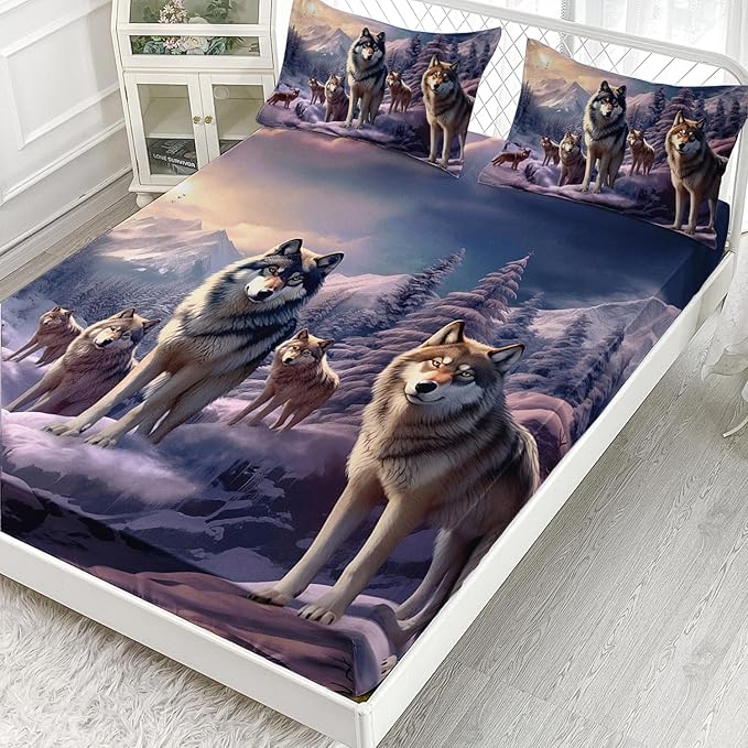 AILONEN Snow Wolf Fitted Sheet Set Full Size, Winter Sunset Wildlife Wolf Bed Sheet Set for Boys Girls Adults,Safari Wolves Print Fitted Sheet with 2 Pillowcases,3 Pieces