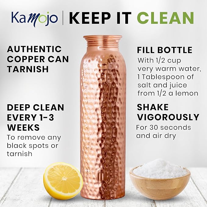 Copper Water Bottle for Drinking - Hammered Pure Copper Water Bottle with Leak Proof Lid, Removable Insulating Sleeve & Copper Straw - Handcrafted Copper Bottle for Men & Women 32 fl oz