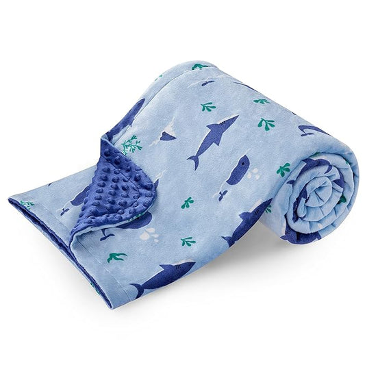 DaysU Silky Micro Soft Plush Baby Blankets for Boys with Print Animal Pattern and Soothing Raised Dots, Double Layer Bed Throws for Baby Crib, Shark Whale, Blue, 30x40 Inches