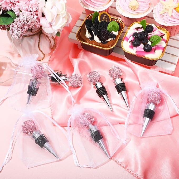 Crystal Wine Bottle Stopper Diamond Wine Stoppers Reusable Zinc Alloy Silicone Beverage Saver Corks Wine Decorative Bottle Stoppers with Sheer Bags for Wedding Bar Gifts(Pink,12 Set)
