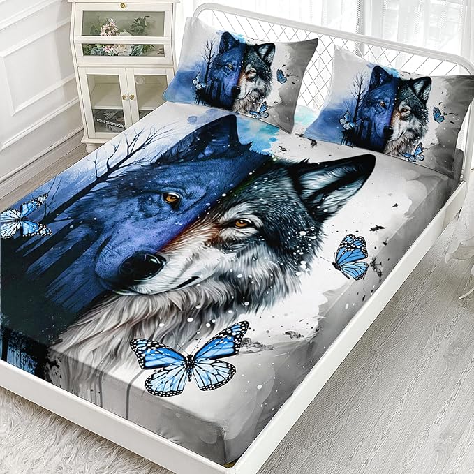 AILONEN Wolf Fitted Sheet Set Twin Size Tie Dye Wolf Sheet Set for Boys Girls,Animal Wolf Wildlife Bed Sheet with 2 Pillowcases,3 Pieces Watercolor Wolf Print Bed Sheet Set