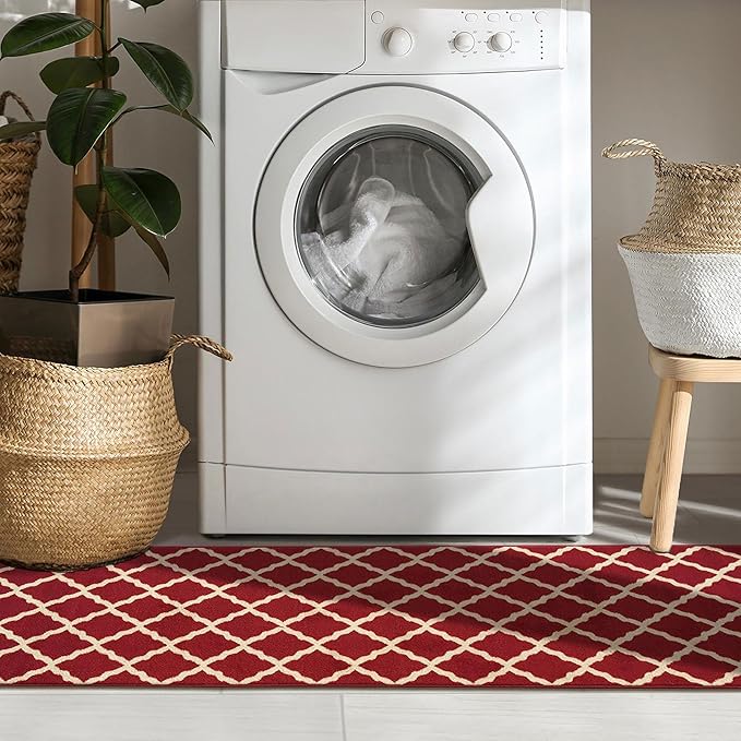 Machine Washable Elegant Trellis Design Non-Slip Rubberback 2x5 Traditional Runner Rug for Hallway, Kitchen, Bedroom, Entryway, 20" x 59", Red